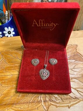 Elegant Sterling Necklace and earrings with Garnet Heart Gemstone and Marcasite